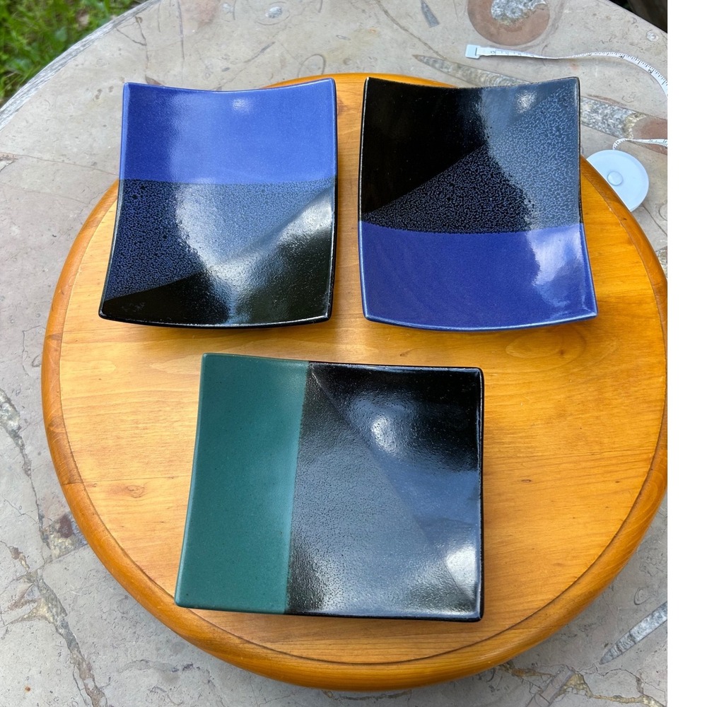 Vintage Handmade Studio Pottery Sushi Trinket Dish Set Blue‎ Teal Black Ceramic
